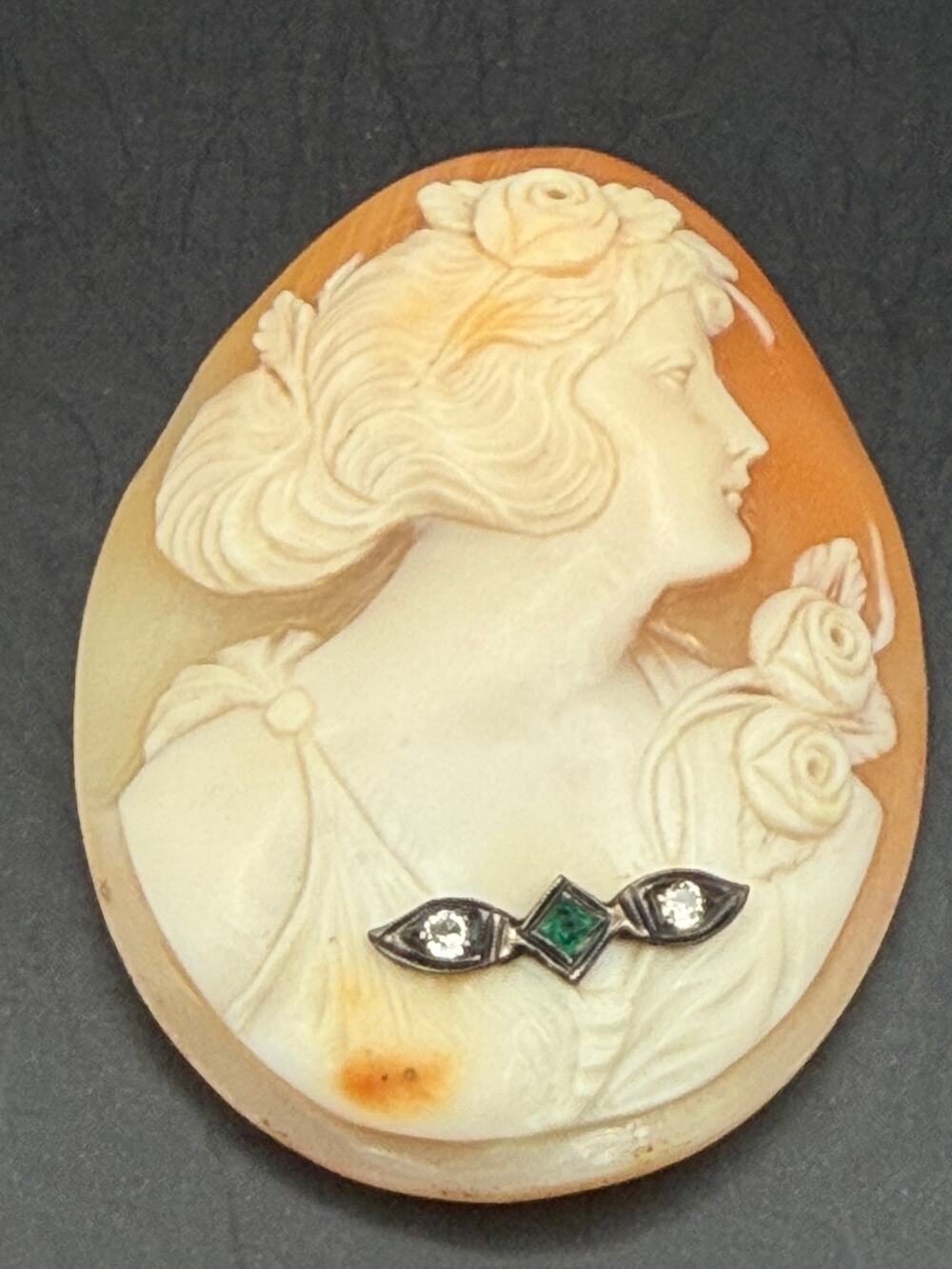 Antique Large Cameo Diamond and Emerald-No Bezel